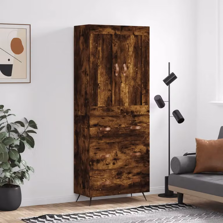 Credenza moderna vidaXL in legno e metallo color rovere fumo, L: 69,5 cm, P: 34 cm, H: 180 cm
