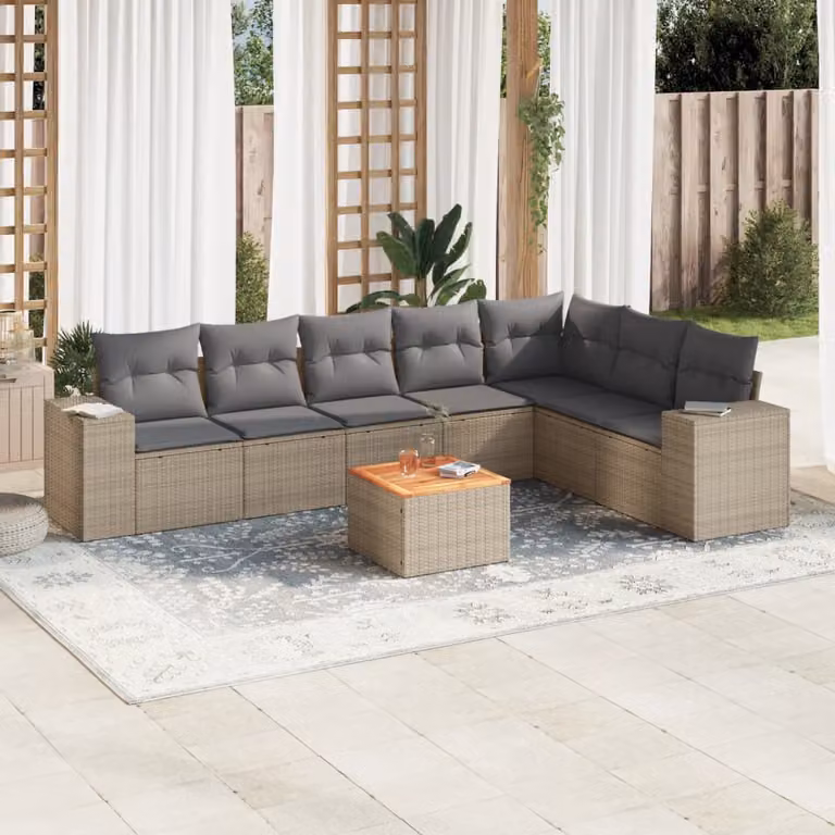 Set Divano da Giardino vidaXL 8 pz in Polyrattan Beige con Cuscini e Tavolino
