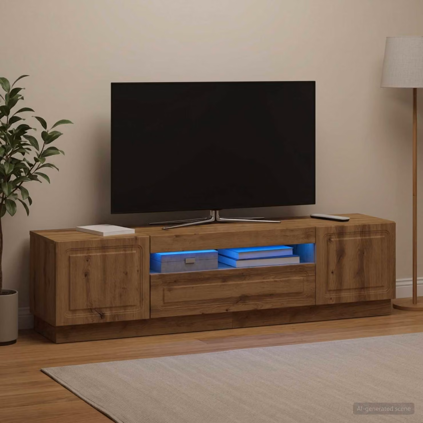 Mobile TV stand vidaXL in legno ingegnerizzato rovere, moderno con illuminazione integrata e vani porta media, L 153,0 x P 40,0 x H 35,0 cm
