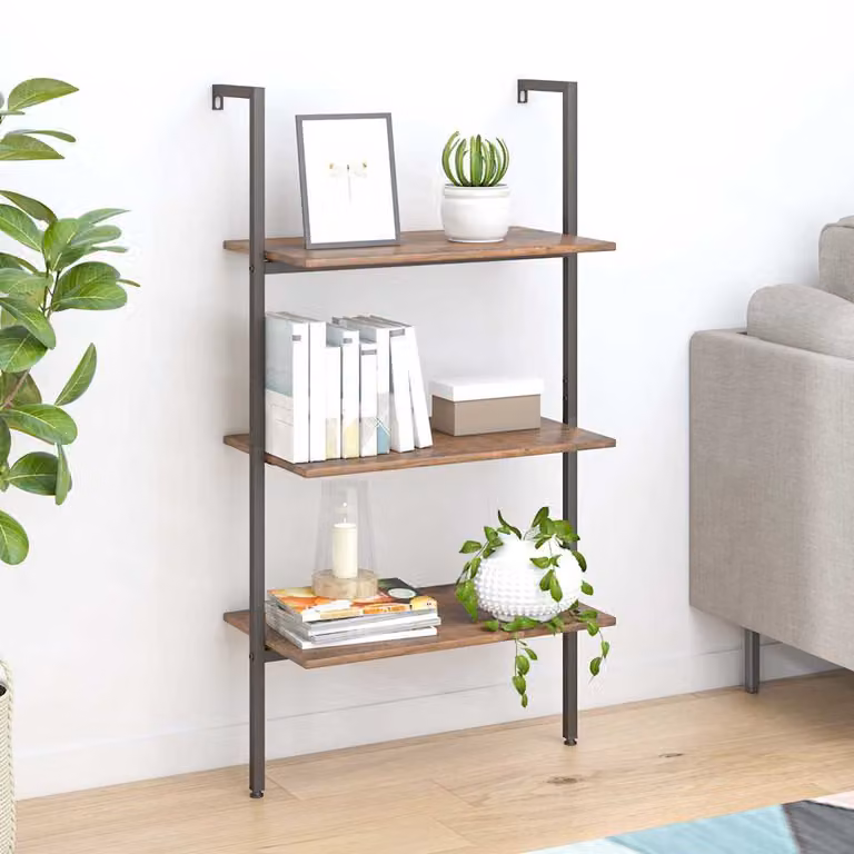 Scaffale a scala vidaXL in stile industriale con 3 livelli, Marrone scuro e Nero, L 64 cm x P 35 cm x H 120,5 cm