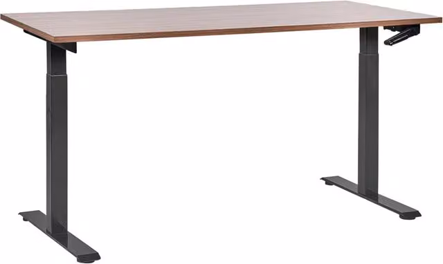 Scrivania regolabile manualmente in altezza Piano del tavolo legno scuro Telaio in acciaio nero 160 x 72 cm Piedi quadrati Design moderno Ufficio