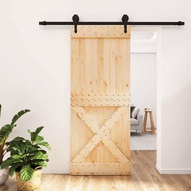 Porta scorrevole moderna vidaXL in legno di pino e metallo, colore naturale e nero, L 85 cm x H 210 cm