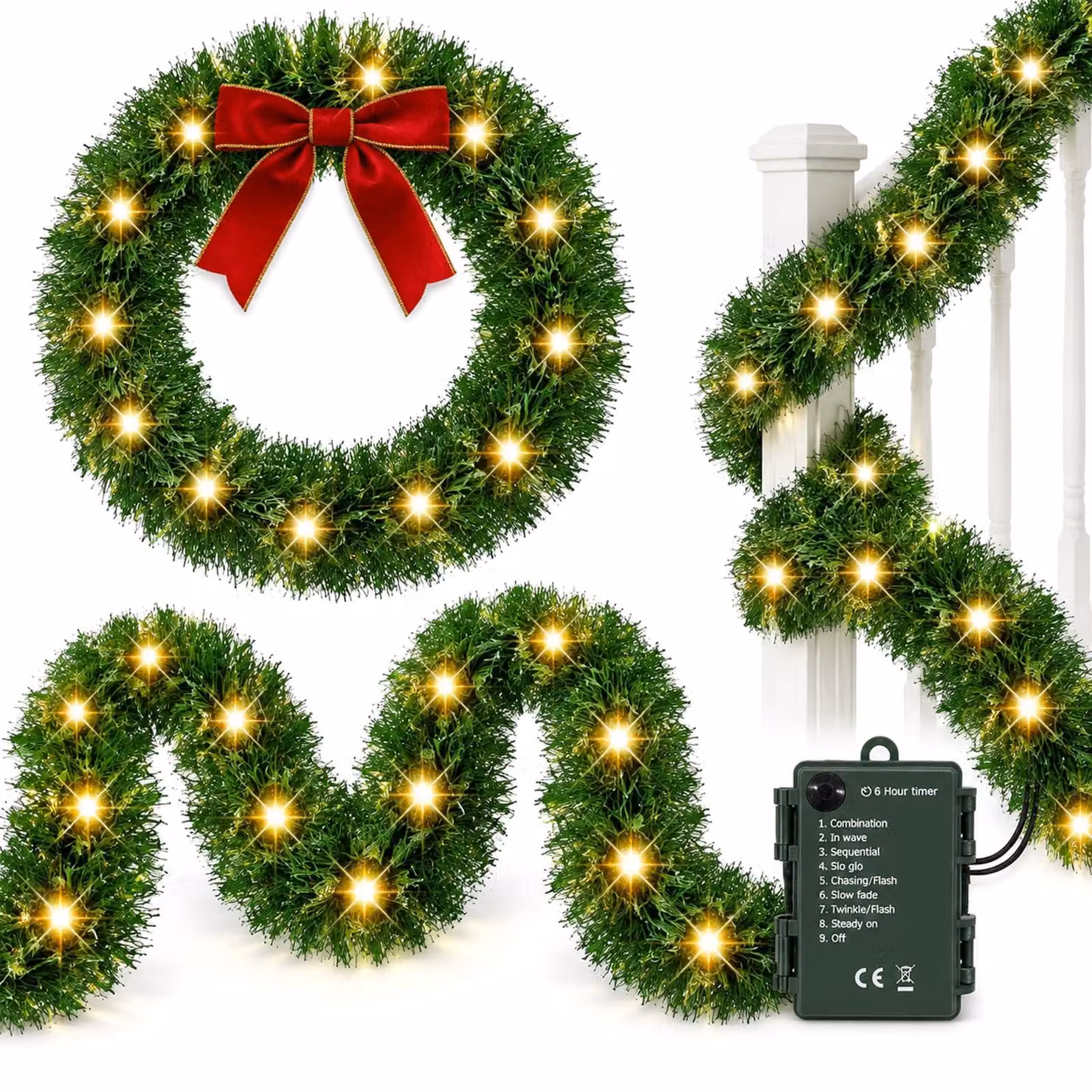 Catena luminosa da 6 metri, con 60 LED bianco caldo, colore verde, flessibile, 8 modalità