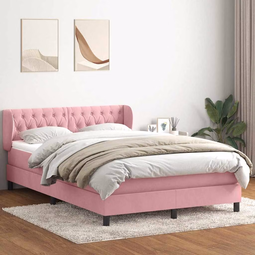 vidaXL Giroletto a Molle con Materasso Ibrido in Velluto Rosa e Bianco, L/P/H: 147 x 213 x 88 cm