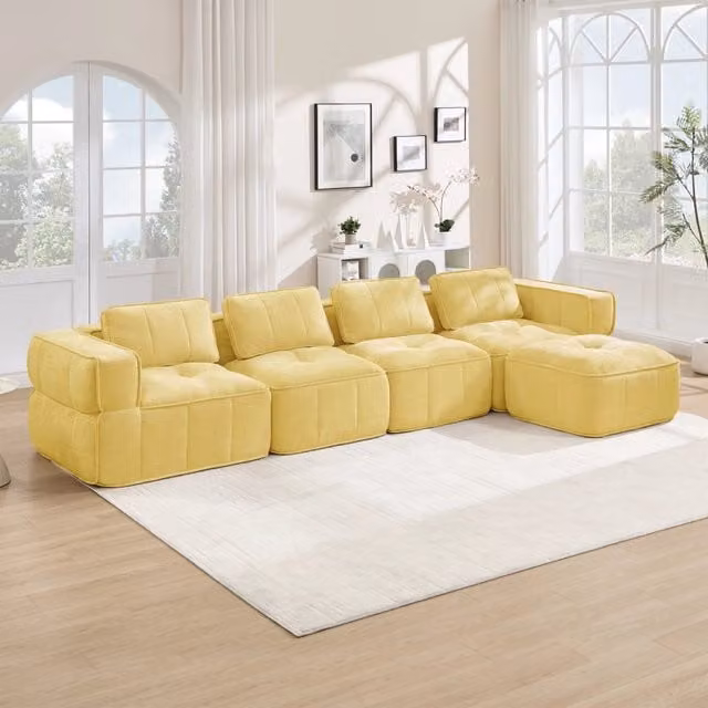 Divano modulare 344x162x67 cm con pouf e schiuma 32D in poliestere giallo