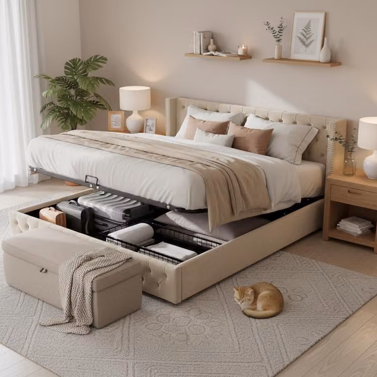 Letto imbottito STILVORA 160×200 cm, letto matrimoniale, letto funzionale idraulico per ragazzi con rivestimento in tessuto non tessuto nero antimacchia, beige (senza materasso)