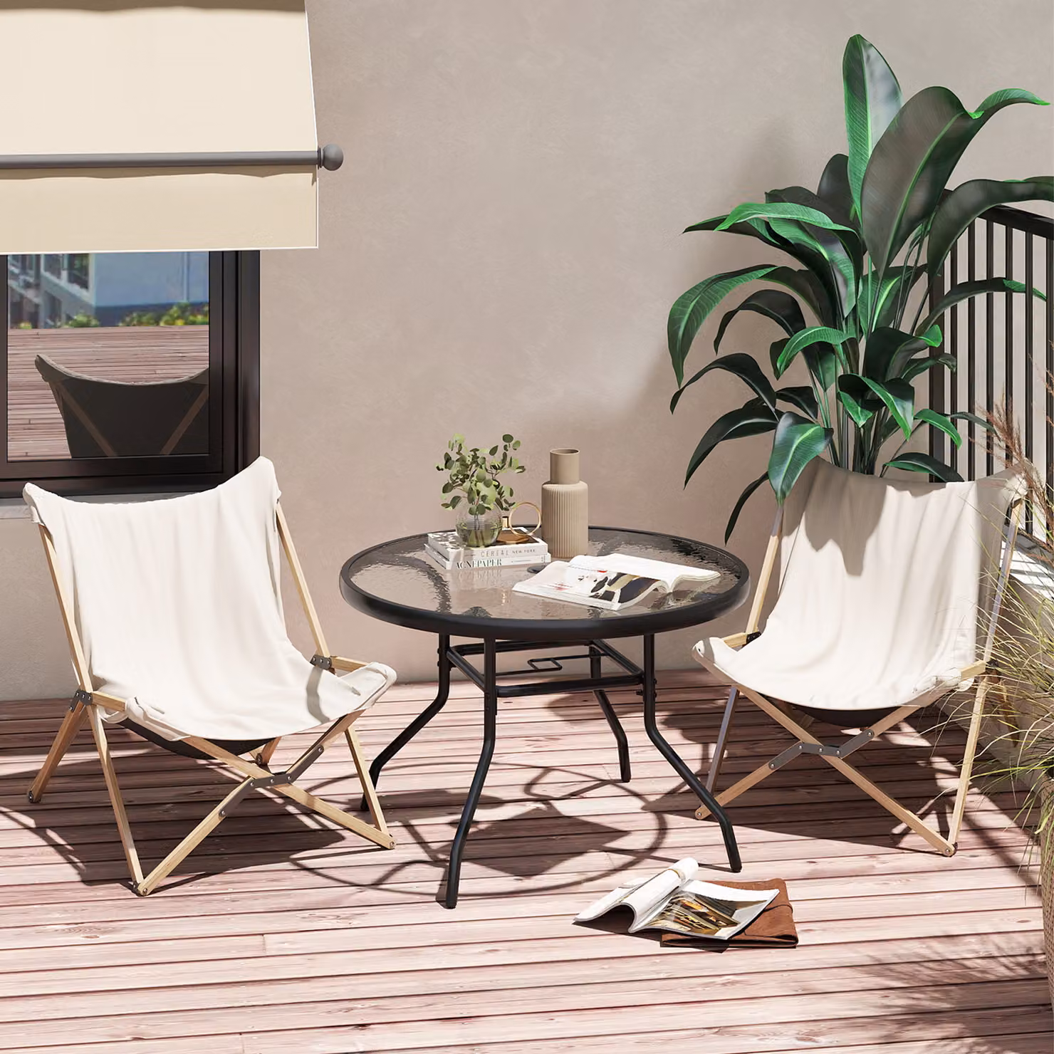 Costway Tavolino rotondo esterno vetro temperato foro 4,2cm metallica robusta, Tavolino caffè 70x70x45,5cm giardino cortile piscina