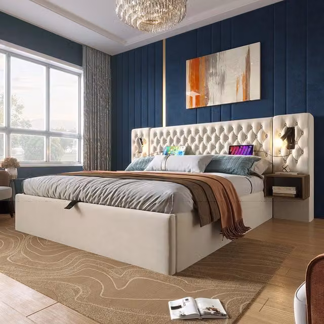 Letto con contenitore idraulico 160x200 cm - Xylo - Velluto Beige con comodini, luce lettura e USB