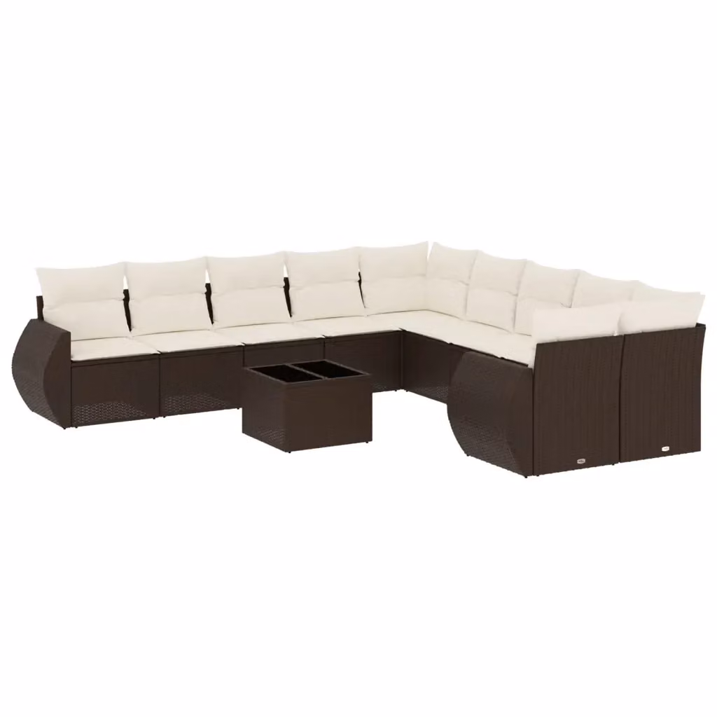 vidaXL Set Divani da Giardino 11 pz in Polyrattan Marrone e Bianco con Cuscini e Tavolino da Esterno – 2