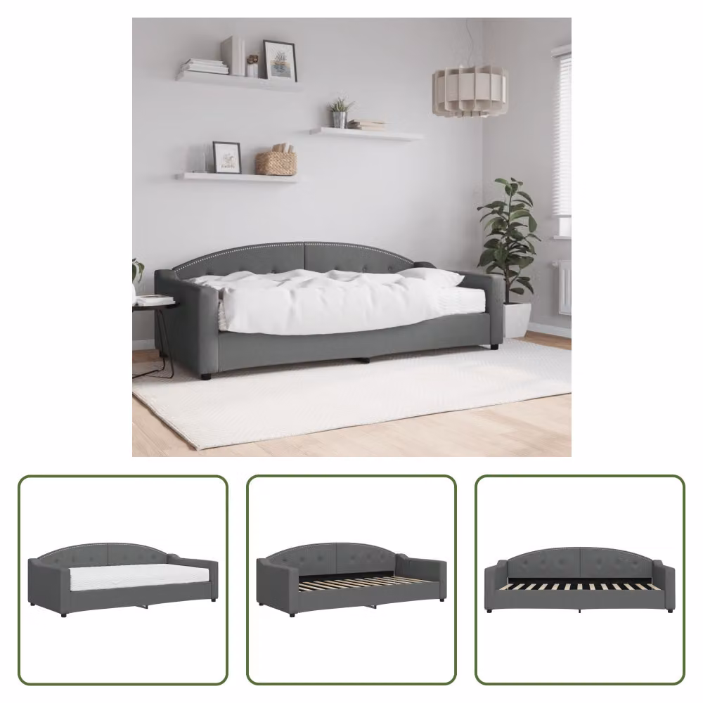 The Living Store Letto da giorno con materasso grigio scuro 90x200 cm in tessuto