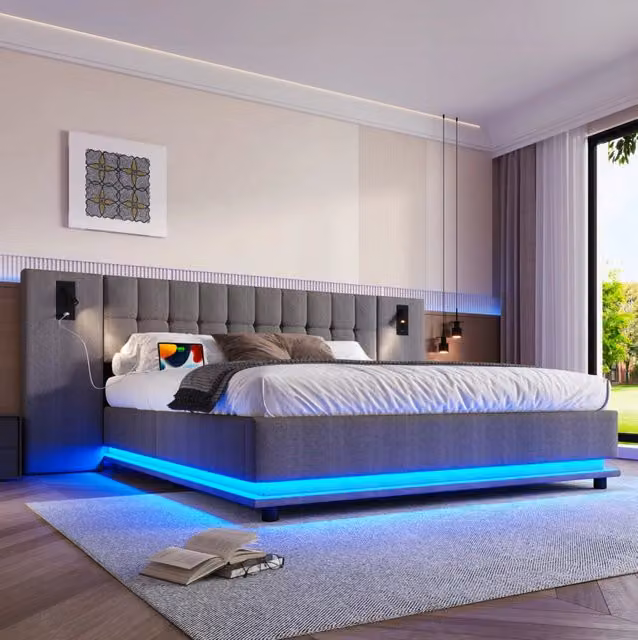 Letto imbottito 180x200 cm con LED; spot e USB in lino grigio