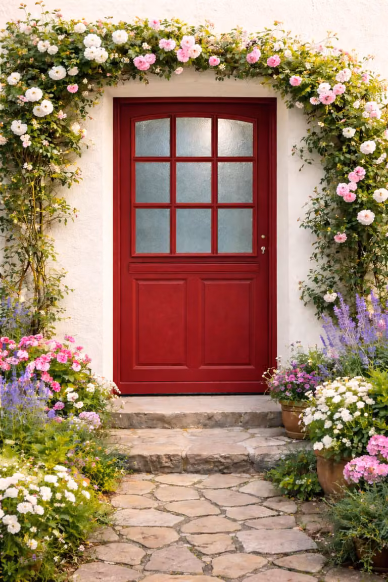 Porta d'ingresso in legno con vetrata Alize Rosso Porpora, H.215xL.90 cm, lato tavolo P. sinistra, GD MENUISERIES