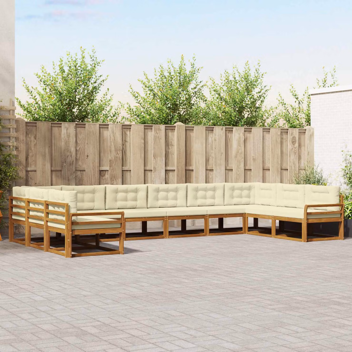 vidaXL Set di divani da esterno a forma di U composto da 10 pezzi in legno di acacia con cuscini, Colore Naturale e Crema