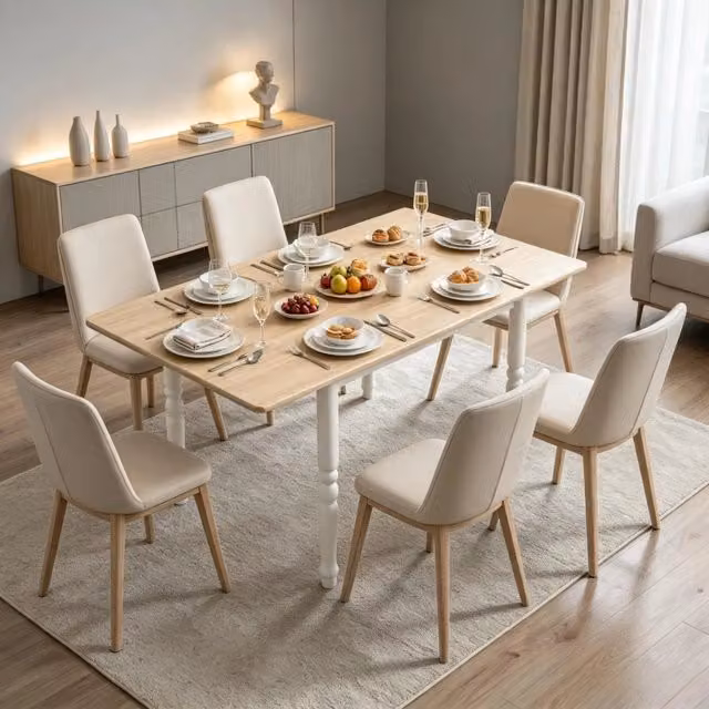 Tavolo pieghevole da pranzo per 2-6 persone con due prolunghe piano in MDF e gambe in acciaio bianco rovere