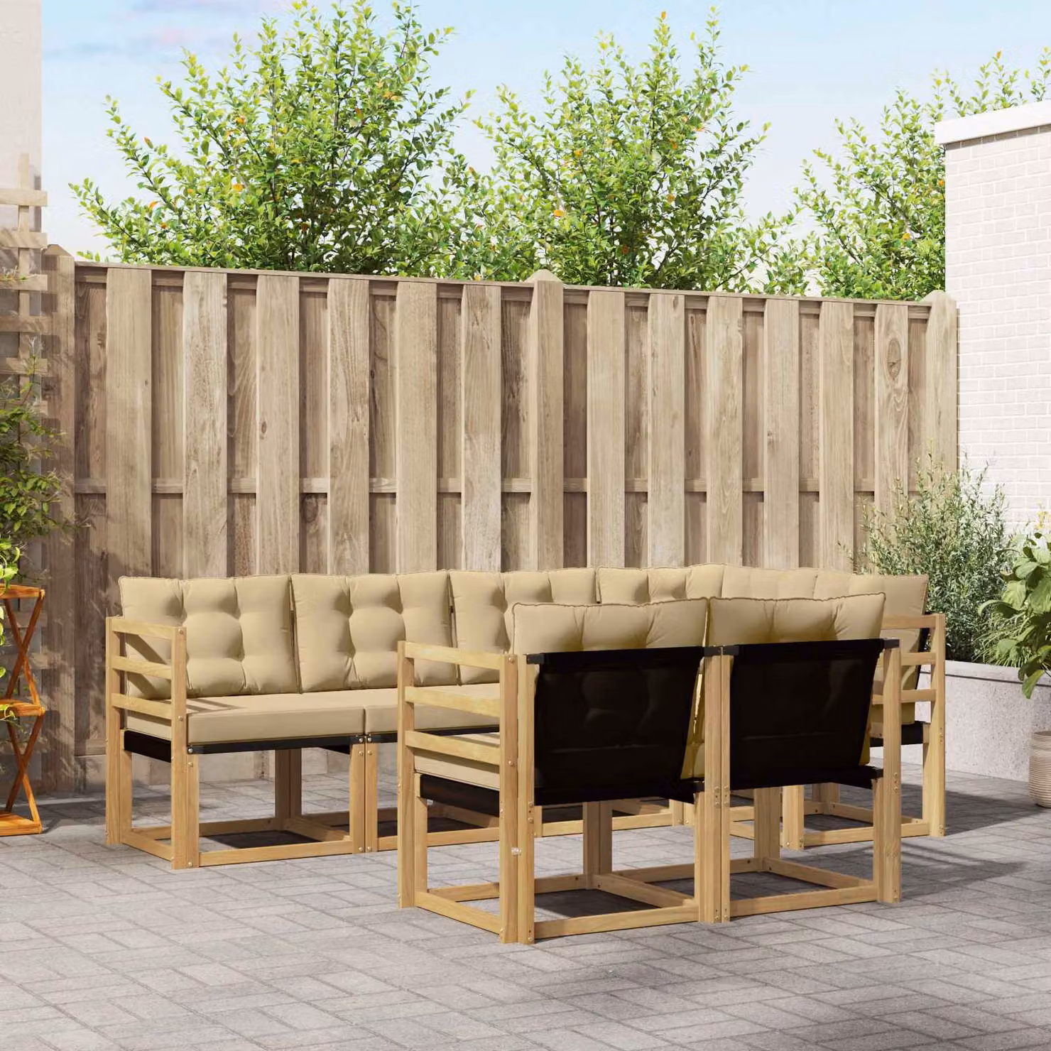 Set di divani da esterno vidaXL 7 pezzi in legno di acacia con cuscini bianco e beige