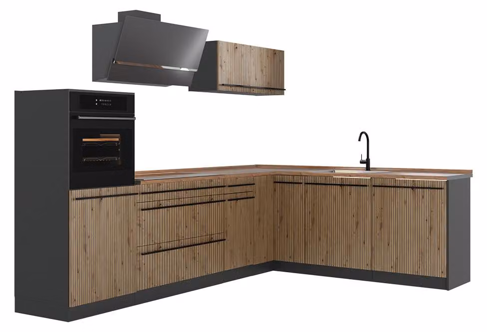 Cucina angolare completa Vicco R-Line Rovere artigianale/Antracite 287 x cm piano di lavoro Rovere dorato, Model 67518