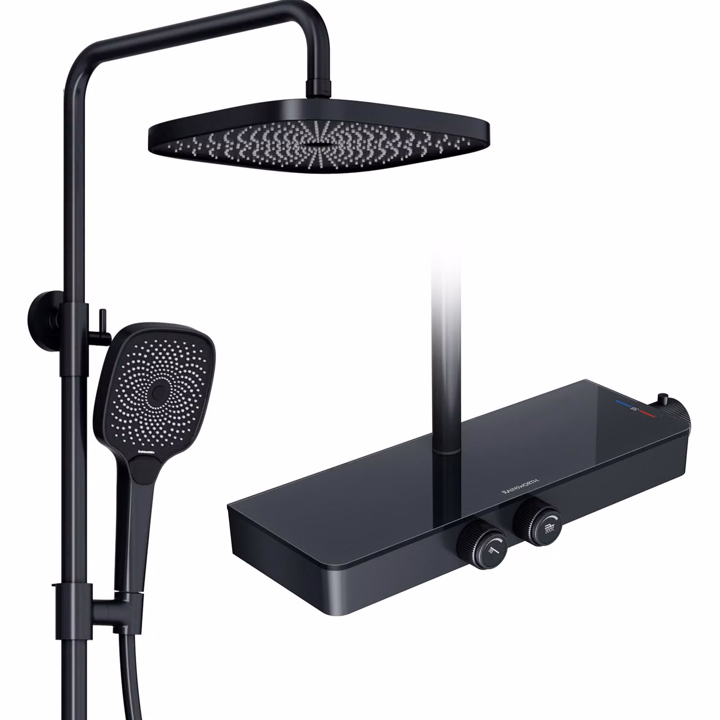 Sistema doccia Rainsworth con termostato e ripiano in vetro nero - Miscelatore doccia completo di doccia a pioggia 26 x 26 cm, doccetta 3 modalità di getto e bocca inferiore - Set doccia a pioggia con miscelatore