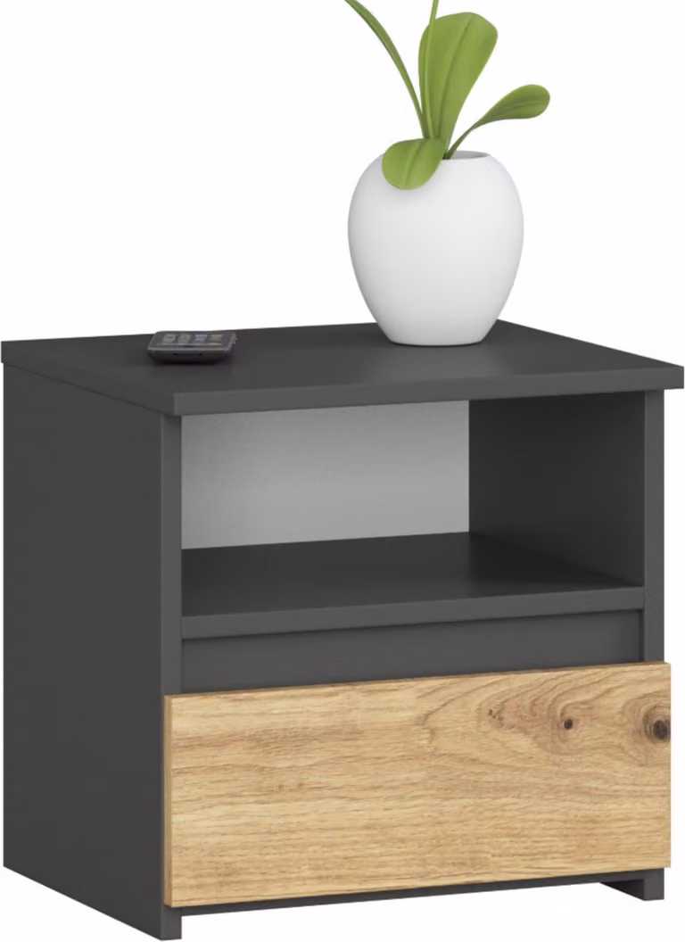 cassettiera, credenza, comodino con 1 cassetto e 1 ripiano (l:40 cm x h:40 cm x p:35 cm) in grigio grafite e rovere artigianale