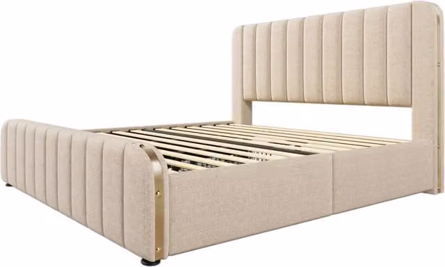 Letto matrimoniale imbottito 180x200 cm con testata beige in lino, 4 cassetti e porta USB Tipo-C