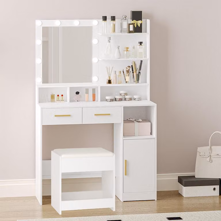 Comò da trucco con sgabello, specchio, 10 luci LED, 2 cassetti, 1 armadietto, bianco