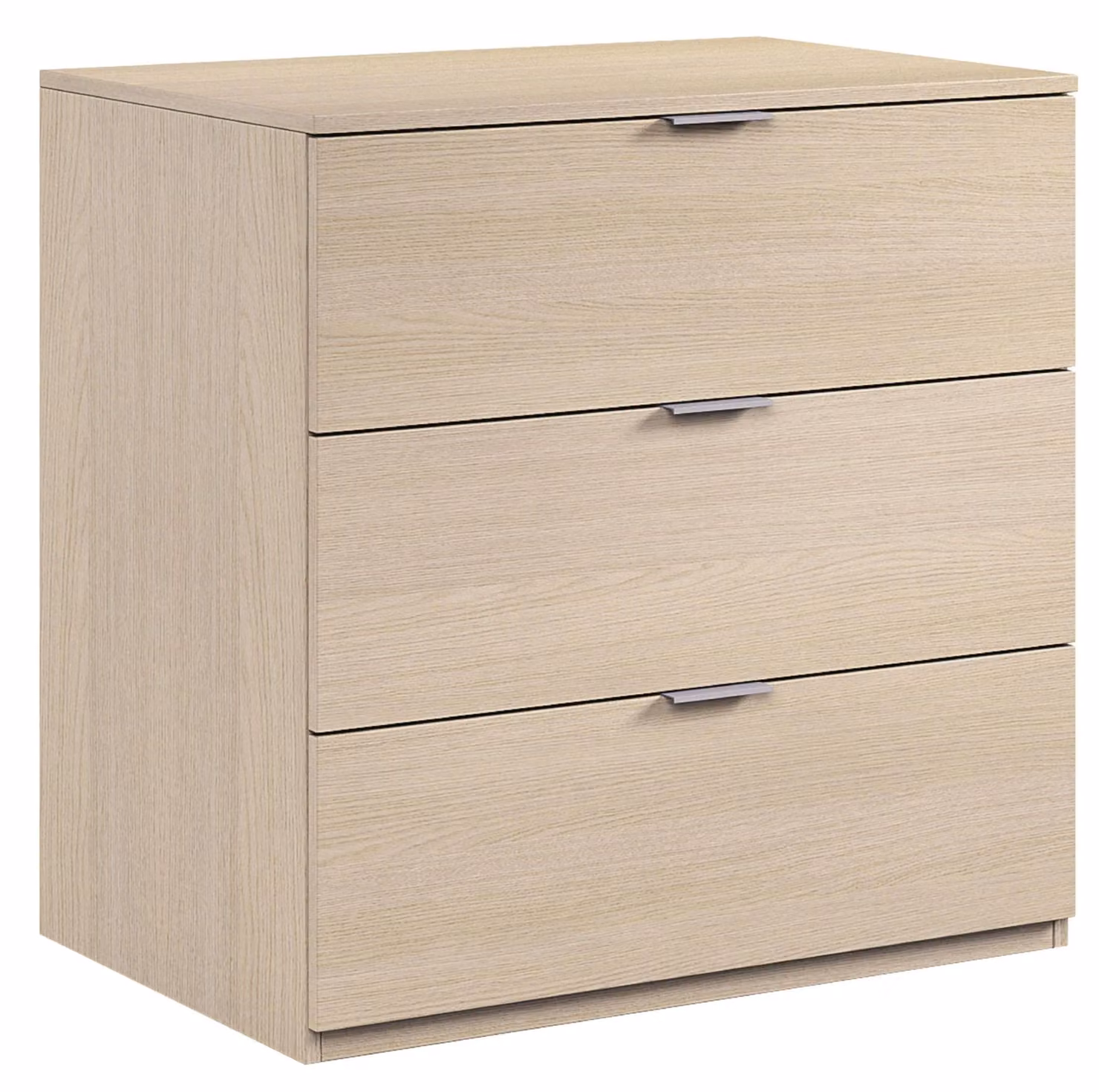 Comodino moderno con 3 cassetti, realizzato in melaminico con finitura effetto legno di quercia