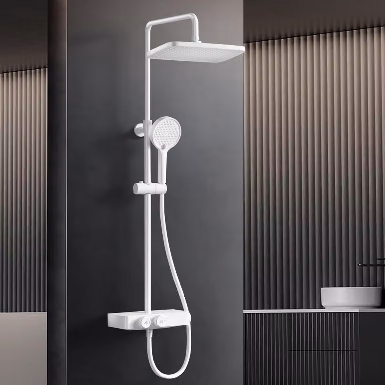 Set completo per sistema doccia con termostato, finitura bianco opaco, composto da: doccia a pioggia, soffione manuale e ripiano portaoggetti