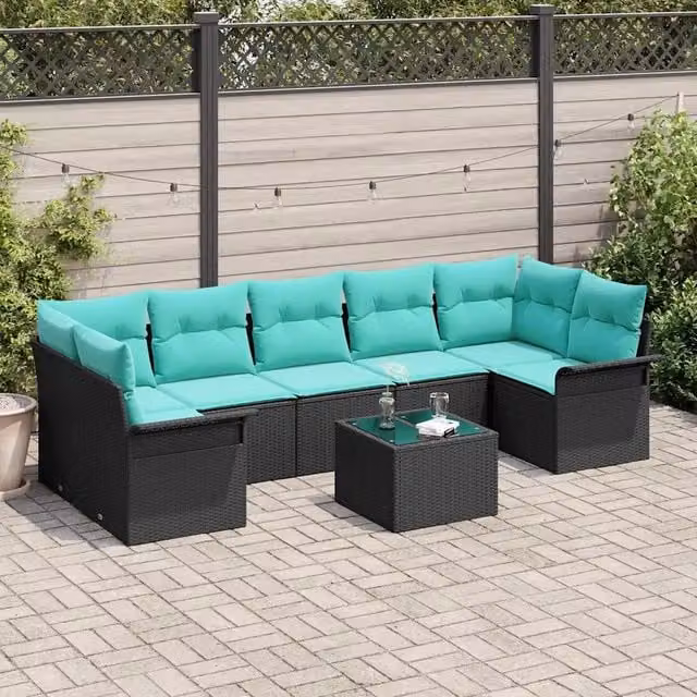 Set Divano da Giardino 8 pz Nero e Turchese polyrattan 3353955