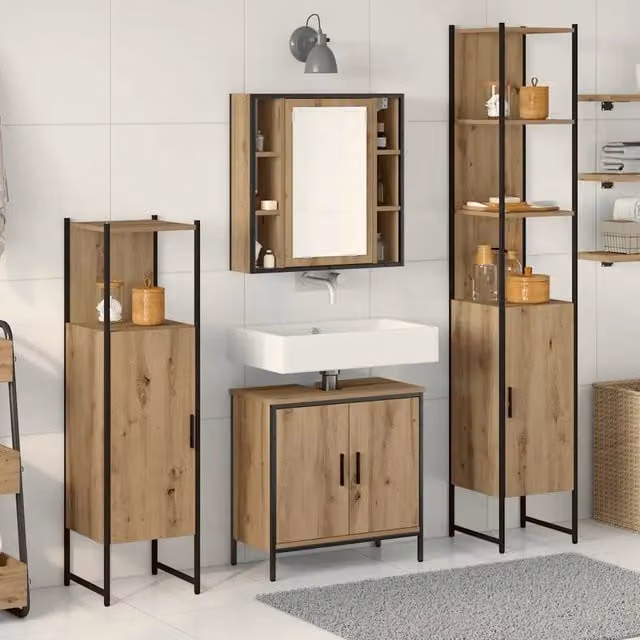 Set di mobili da bagno moderno vidaXL in legno marrone e nero composto da armadietto con specchio, mobile lavabo, colonna alta e mobile laterale