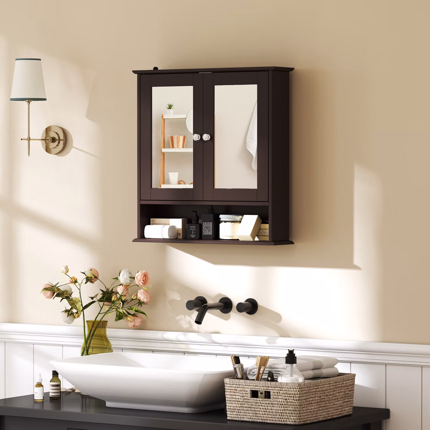 Kleankin Armadio da Bagno con Specchio Aosom, Armadio da Parete Moderno con 2 Ante, Ripiano Aperto e Ripiano Regolabile, L 56 cm x P 13 cm x H 58 cm, Marrone Scuro – 2