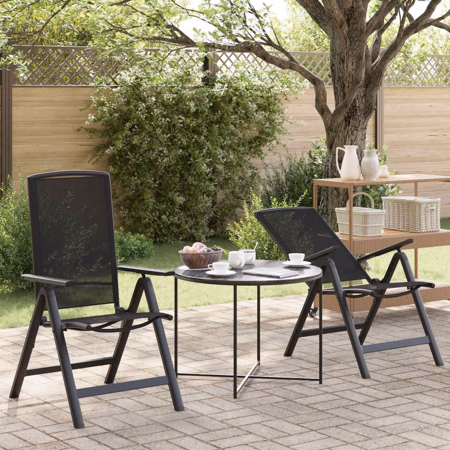 Set di 2 sedie da giardino reclinabili vidaXL in alluminio e textilene nero con braccioli