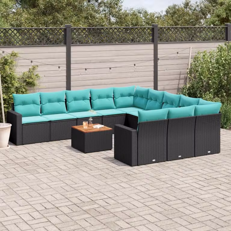 Set di divani da giardino vidaXL in polyrattan con cuscini, design moderno a forma di L con tavolino e sedute imbottite, disponibile in nero, blu o turchese