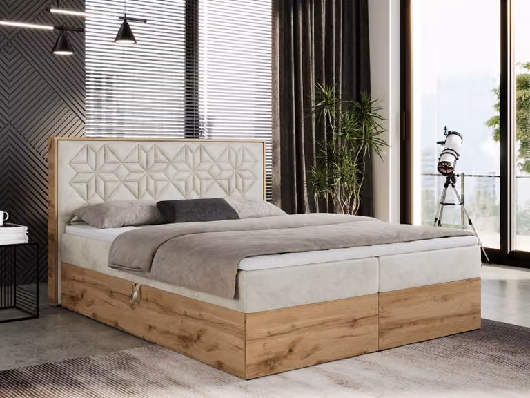 Letto boxspring 140x200 con contenitore, letto imbottito 140x200 con materasso H3, letto boxspring 140x200 con testiera, letto boxspring in legno massello - Nessi - Beige Velvet - H3