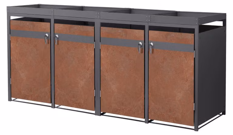 ML-Design, contenitore per bidoni della spazzatura da 4, con tetto giardino, capacità 240 litri, dimensioni 264x80x116,3 cm, finitura antracite effetto ruggine, acciaio, rivestimento per bidoni della spazzatura con chiusura a chiave