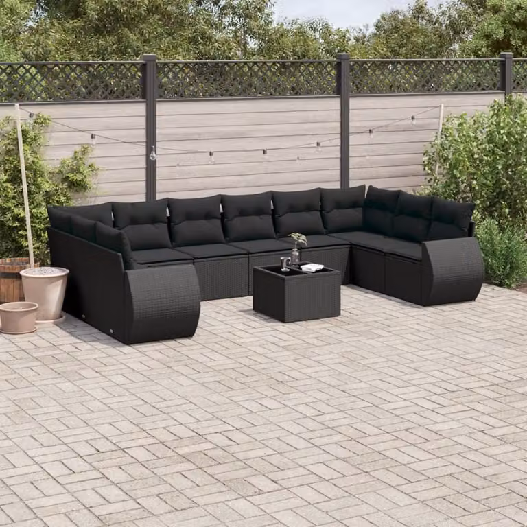 vidaXL Set Divani da Giardino a L 11 pz in Polyrattan Nero con Cuscini e Tavolino