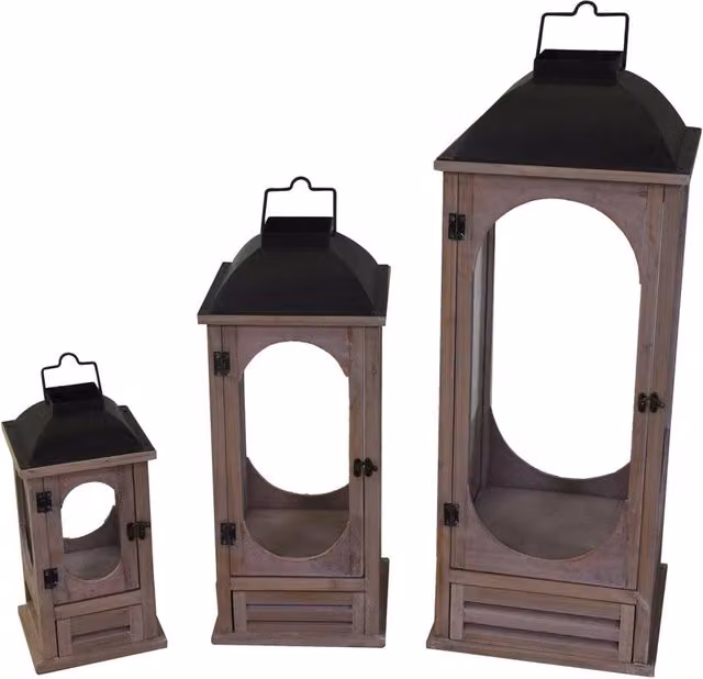 Set 3 Lanterne in Legno in Metallo naturale grigio c/cassetto quadro