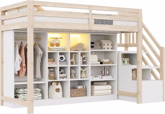 Letto a soppalco 90x200 cm con armadio; LED e scala con vani; bianco e legno naturale
