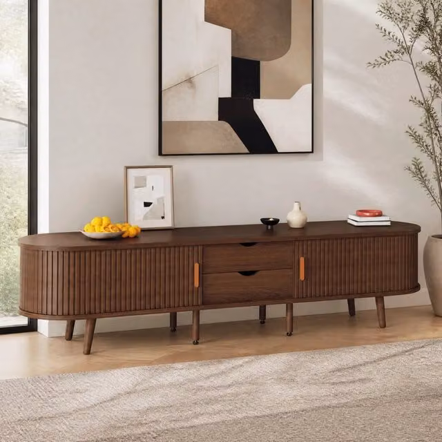 Mobile TV Mivray ovale in MDF color noce con 2 cassetti e 2 ante scorrevoli, L: 170 cm, P: 40 cm, H: 42 cm