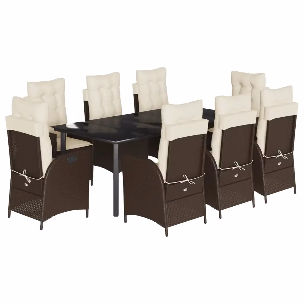 Set da pranzo da giardino vidaXL in polyrattan marrone con 9 pezzi e cuscini e tavolo in vetro – 2