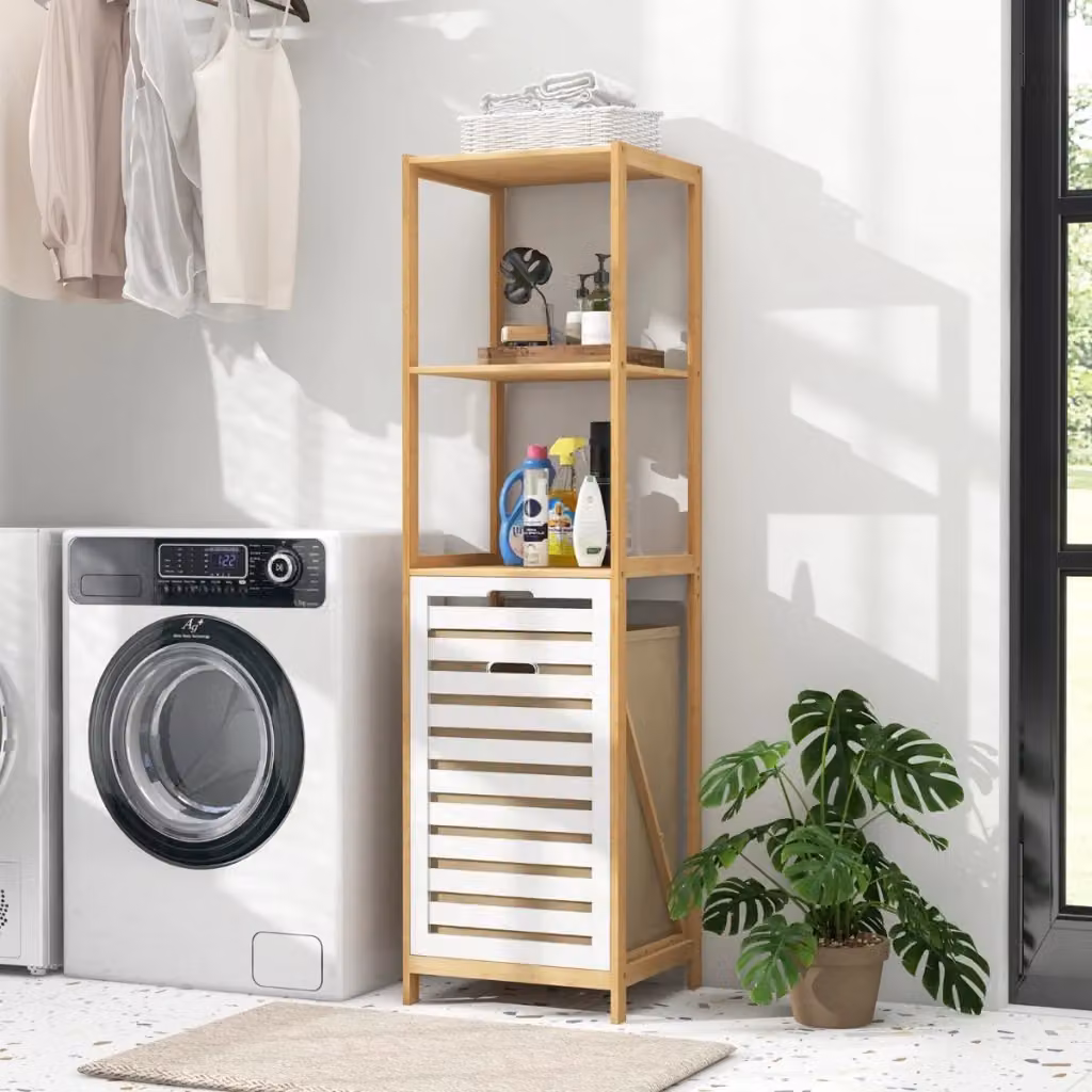 Cesto per il bucato a 4 livelli in bambù con sacchi rimovibili e maniglie, colore bianco – 2