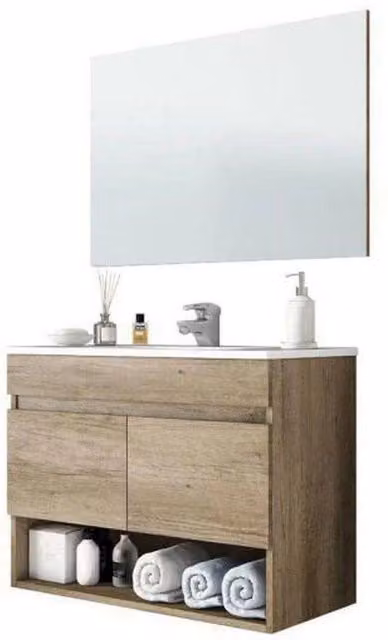 Mobiletto Sospeso Per Bagno In Legno Con 2 Ante Ripiani E Vani Aperti Lavabo In Ceramica E Specchio Moderno Nordico La Brea 80 X 45 X 64 Cm Rovere