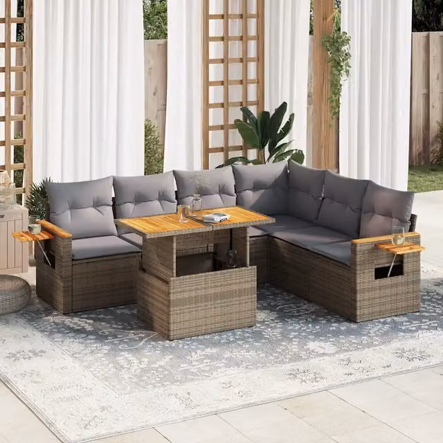 Set Divani da Giardino 7 pz con Cuscini Beige Polyrattan Acacia 3327608