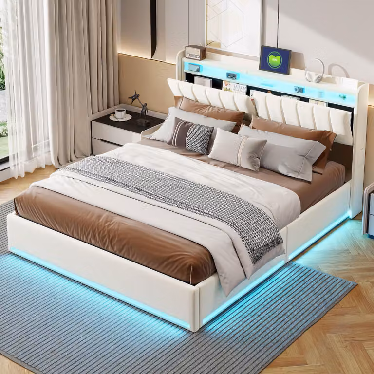 Letto matrimoniale 160x200 cm in velluto beige con illuminazione LED RGB, porte USB e Type-C, testiera con vano portaoggetti e 4 cassetti