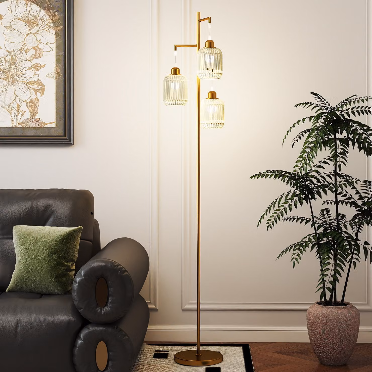 Costway Lampada da terra vintage con 3 paralumi a gabbia in metallo, attacco E27 e interruttore a pedale, colore Oro/Ottone