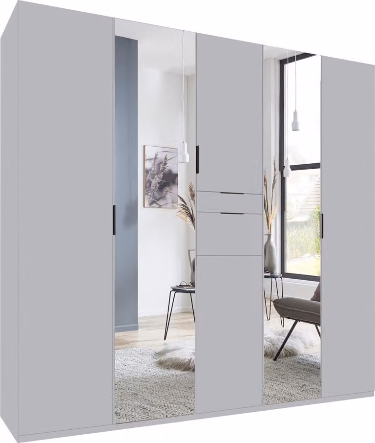 Armadio a porte battenti Moldau con specchio, finitura a scelta: grigio chiaro