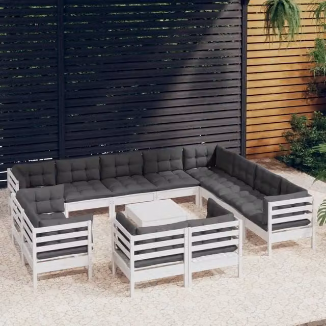 Set di Divani da Giardino a Forma di U vidaXL in Legno di Pino con Cuscini Bianchi e Antracite