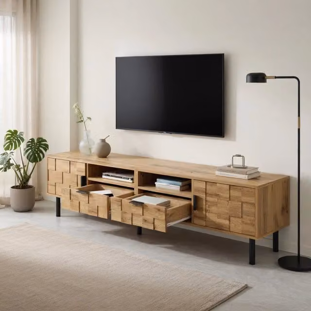 Mobile TV KOMHTOM moderno in legno e metallo, colore beige e marrone, L: 160 cm, P: 35 cm, H: 42,5 cm