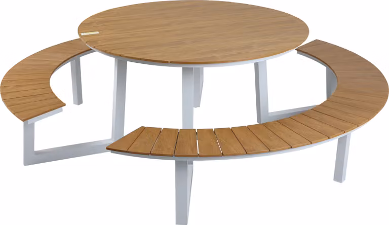 AXI Taco Tavolo da picnic rotondo in teak e bianco per 6 persone | Tavolo da picnic / Tavolo da picnic / Panca da picnic rotonda per adulti in alluminio e polipropilene | 200 x 190 cm