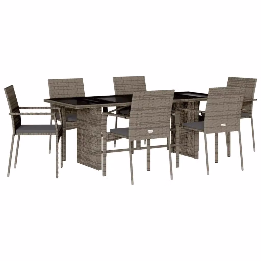 Set da Pranzo da Giardino vidaXL in Polyrattan Grigio con Cuscini e Tavolo in Vetro, 7 Pezzi – 2