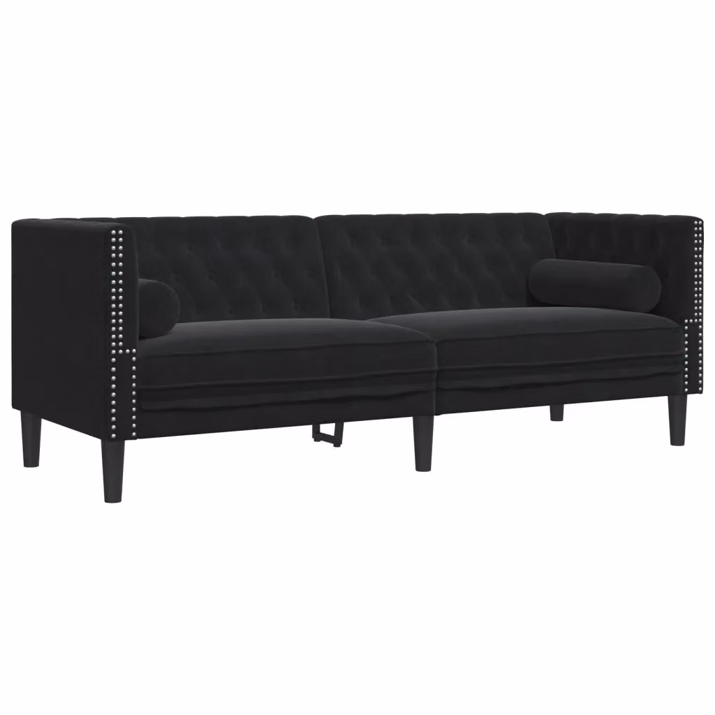 Divano Chesterfield a 3 posti vidaXL in velluto nero con cuscini inclusi L: 194 cm, P: 74,5 cm, H: 70,5 cm – 2