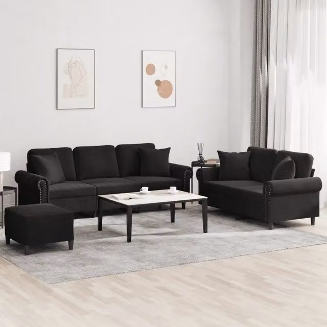 Set di divani moderno vidaXL in velluto nero composto da divano a 3 posti, divano a 2 posti e pouf con cuscini inclusi – 1